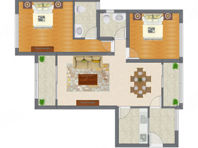 2室2厅 91.75平米户型图