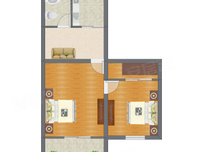 2室1厅 51.57平米户型图