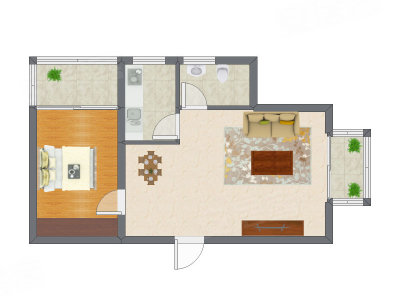 1室2厅 46.17平米户型图