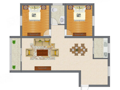 2室2厅 77.06平米户型图