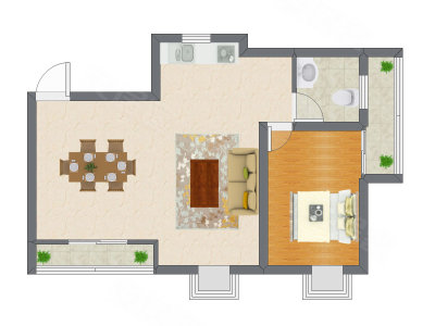 1室2厅 47.58平米户型图