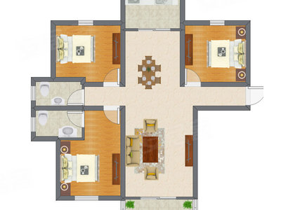 3室2厅 74.15平米户型图