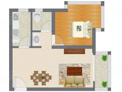 1室2厅 61.16平米户型图