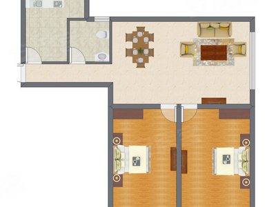 2室1厅 77.44平米