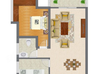 1室2厅 51.43平米户型图