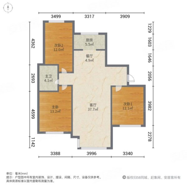 浩鑫丽景苑3室2厅1卫120.64㎡南北112万