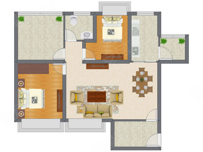 2室2厅 90.08平米户型图