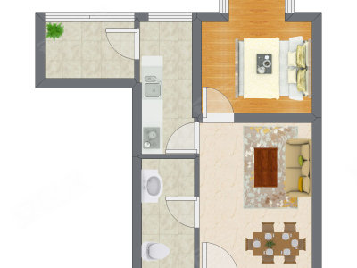 1室2厅 47.44平米户型图