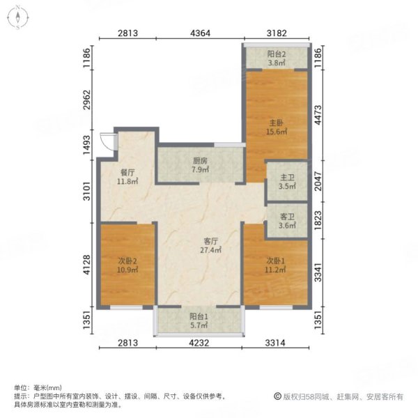 红原小区3室2厅2卫140.26㎡南北91万