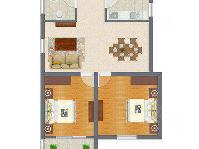 2室1厅 54.66平米户型图
