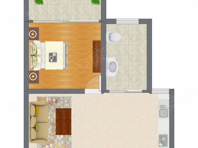 1室1厅 42.45平米户型图
