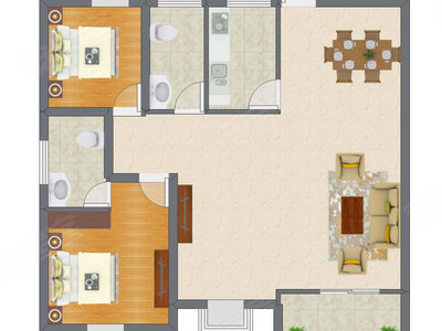 2室2厅 77.32平米户型图