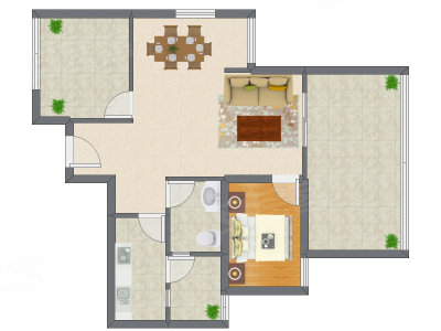 1室2厅 75.25平米户型图