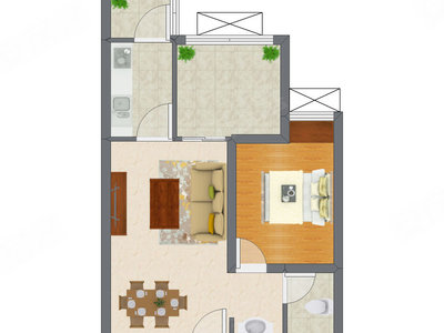 1室2厅 42.57平米户型图