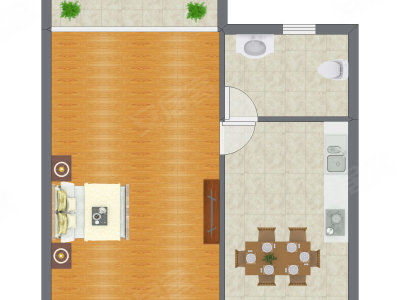 1室1厅 37.75平米户型图