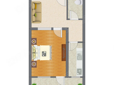 1室1厅 56.29平米户型图