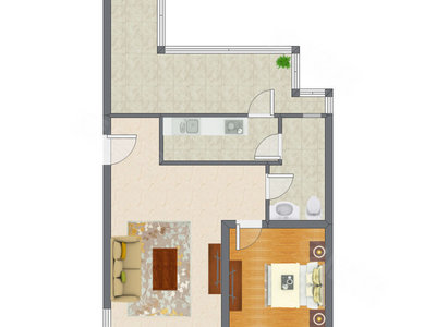 1室1厅 63.19平米户型图