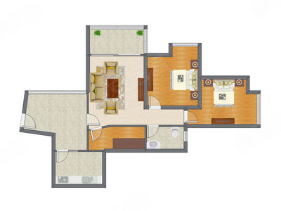 2室1厅 89.73平米户型图