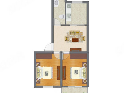 2室1厅 44.16平米户型图
