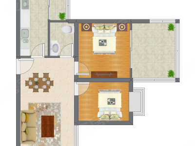 2室2厅 59.70平米户型图