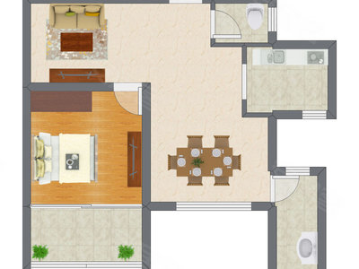 1室1厅 47.35平米户型图