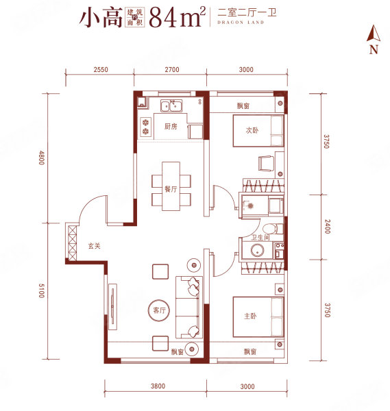 万盛珑玺(新房)2室2厅1卫84㎡南北61万