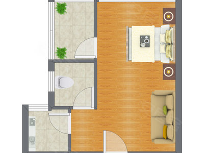 1室1厅 34.16平米户型图