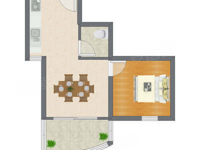 1室1厅 53.28平米户型图