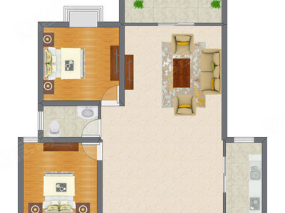 2室1厅 77.56平米户型图