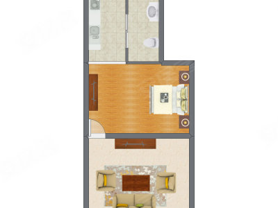 1室1厅 43.69平米户型图