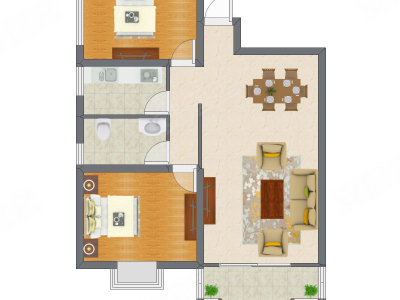 2室2厅 90.69平米户型图