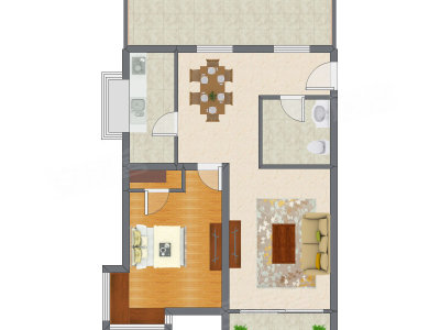1室2厅 75.55平米户型图