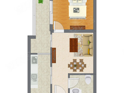 1室1厅 35.18平米户型图