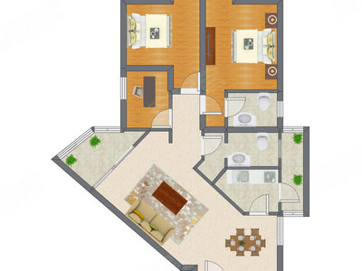 2室2厅 98.39平米户型图