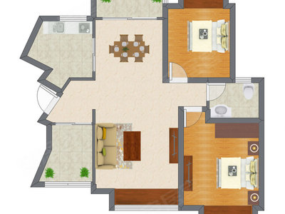 2室2厅 92.39平米户型图