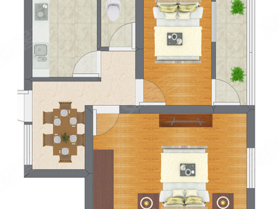 2室1厅 34.32平米户型图