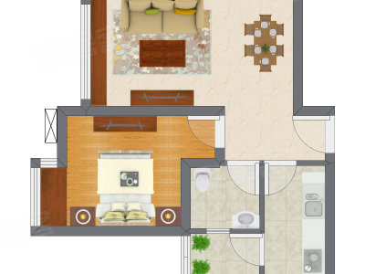 1室2厅 45.28平米户型图