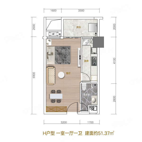 财富大厦1室1厅1卫51.37㎡南53万