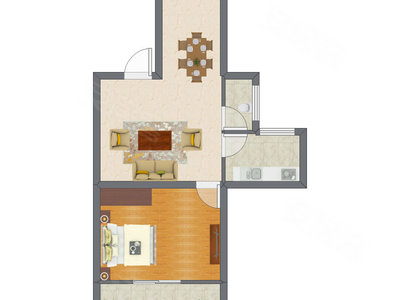 1室2厅 42.72平米户型图