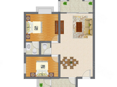 2室2厅 92.69平米户型图