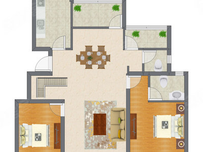 2室2厅 128.62平米户型图