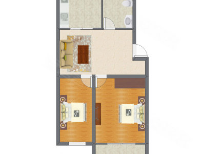 2室1厅 61.63平米户型图
