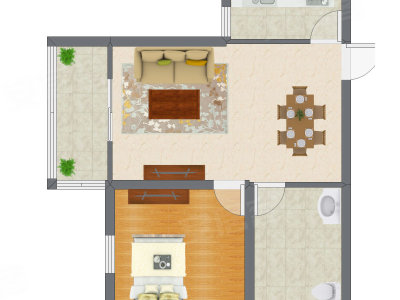 1室2厅 52.56平米户型图