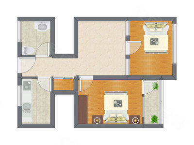 2室1厅 64.16平米户型图