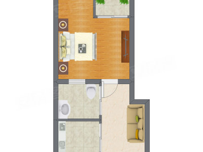 1室1厅 52.44平米户型图