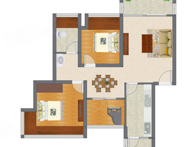 2室2厅 87.22平米户型图