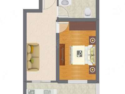 1室1厅 51.28平米户型图