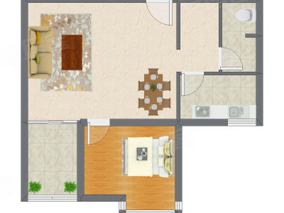 1室2厅 63.02平米户型图