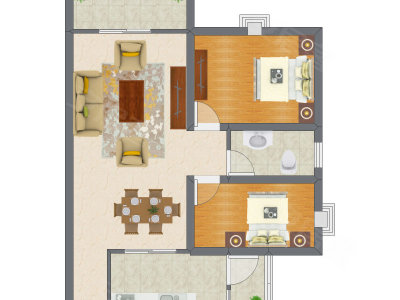 2室2厅 62.74平米户型图