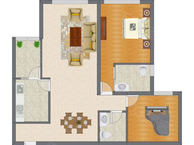 1室2厅 89.00平米户型图
